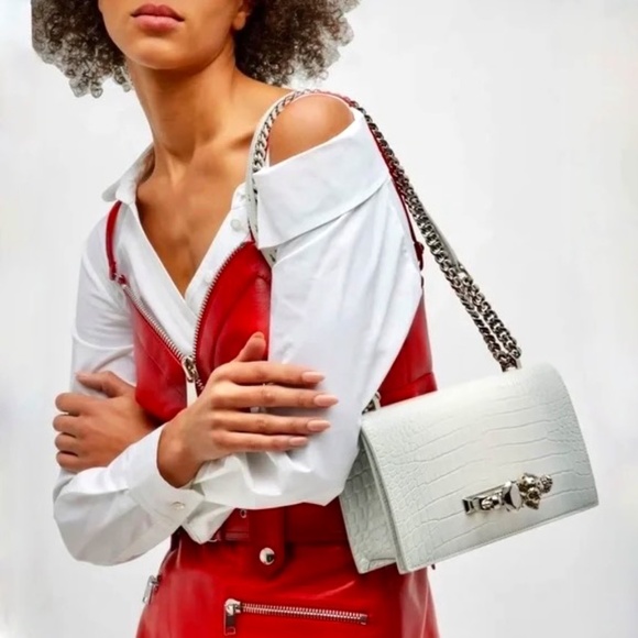Alexander Mcqueen Ivory Grey Croc Embossed Shoulder Bag New With Tags - Picture 3 of 16